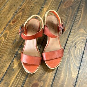 Burnt orange faux leather strapped sandals with rattan heel